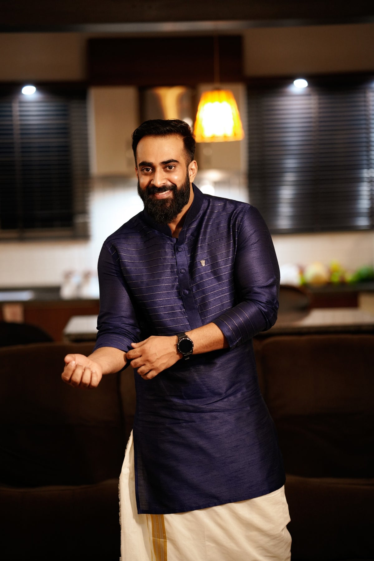 Dark Blue Kurta with Horizontal  Golden Zari Tucks  (Only Kurta)