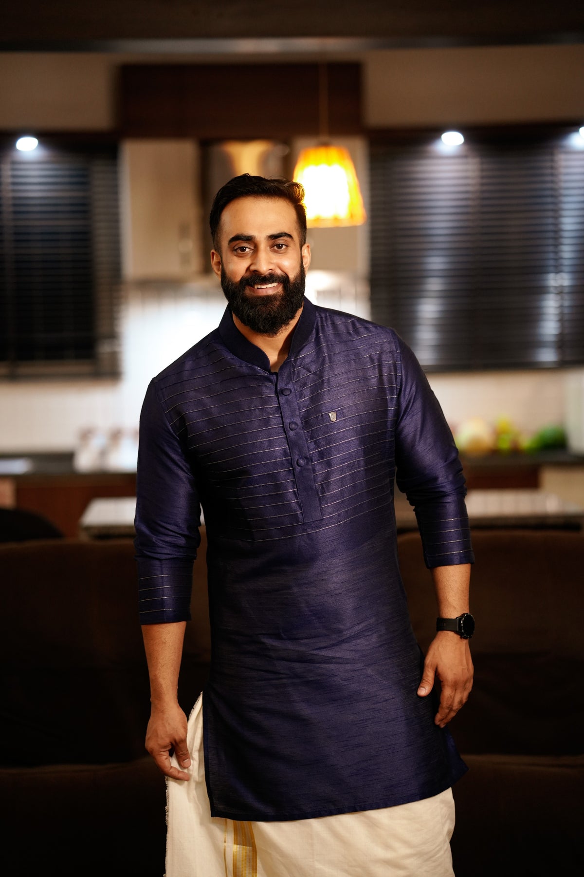 Dark Blue Kurta with Horizontal  Golden Zari Tucks  (Only Kurta)