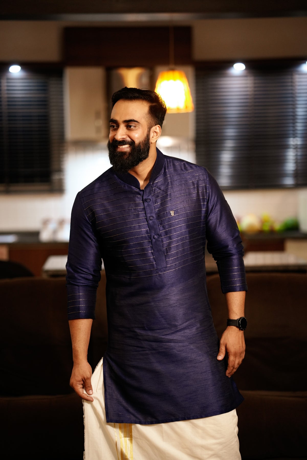 Dark Blue Kurta with Horizontal  Golden Zari Tucks  (Only Kurta)