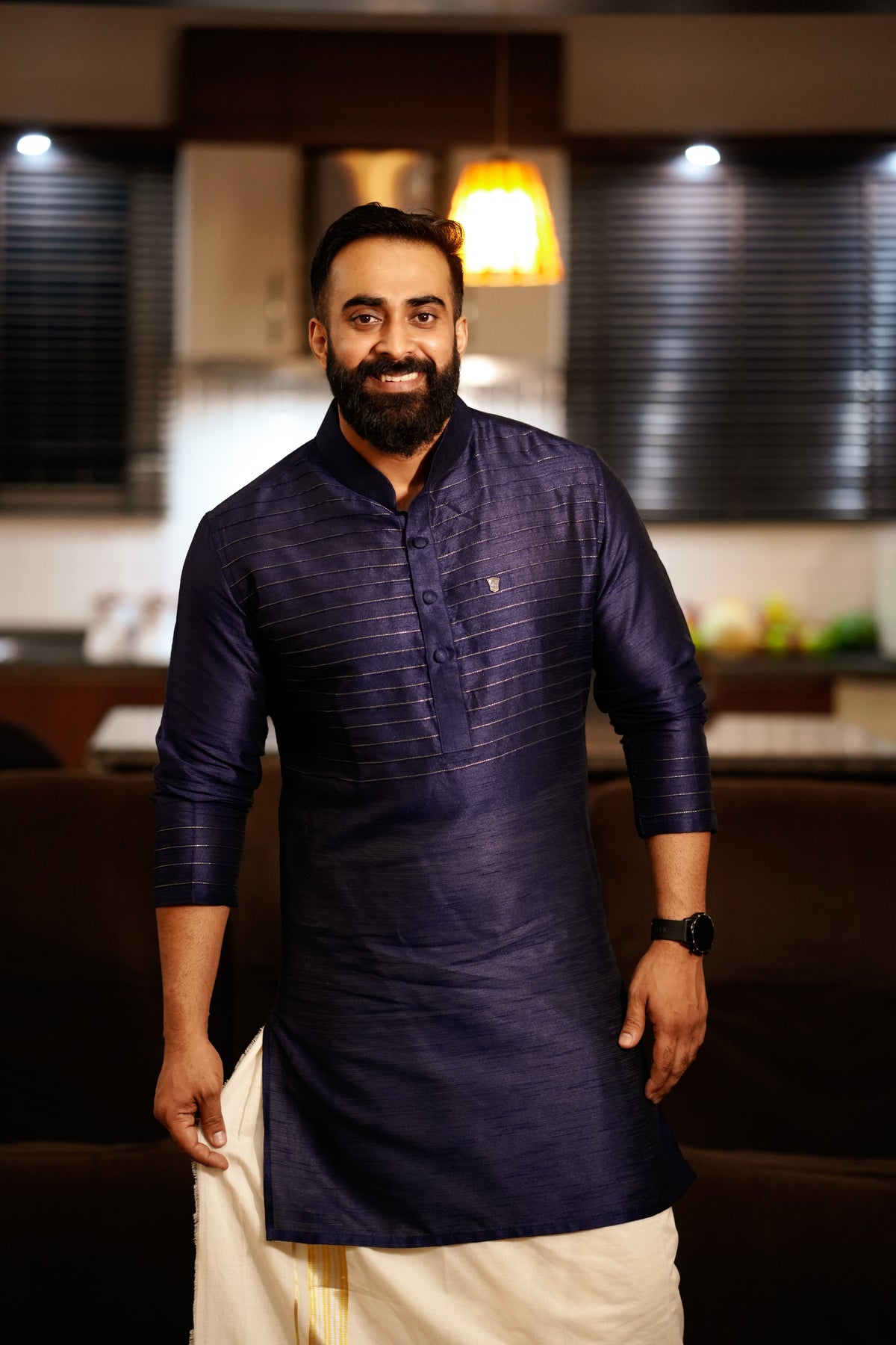 Dark Blue Kurta with Horizontal  Golden Zari Tucks  (Only Kurta)