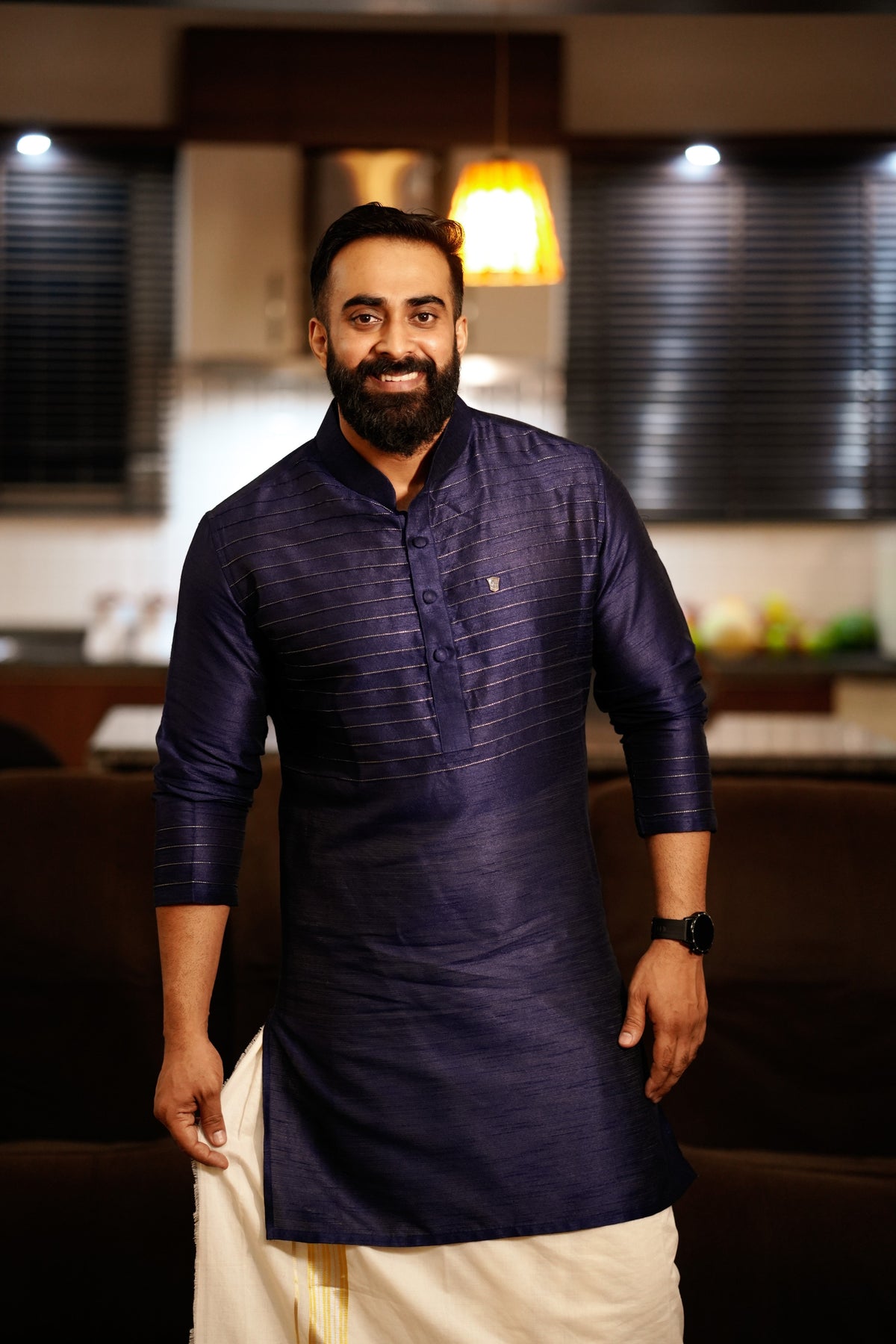 Dark Blue Kurta Set with Horizontal  Golden Zari Tucks   (Kurta + Kasavu Munde)