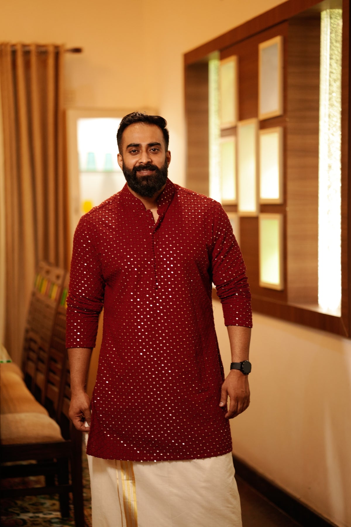 Maroon Red Chikankari Kurta Set with Golden Sequence Detailing (Kurta + Kasavu Munde)