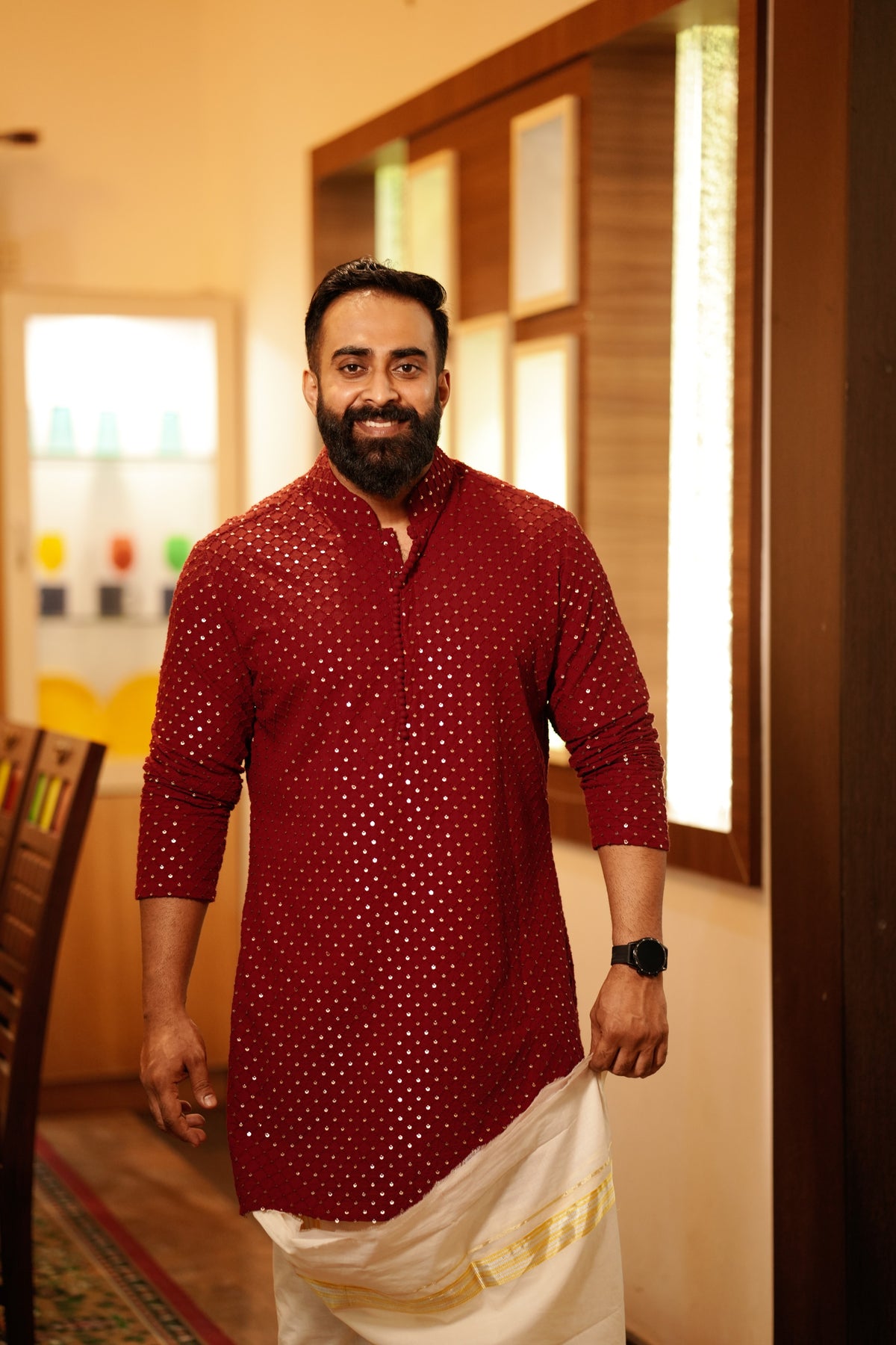 Maroon Red Chikankari Kurta Set with Golden Sequence Detailing (Kurta + Kasavu Munde)