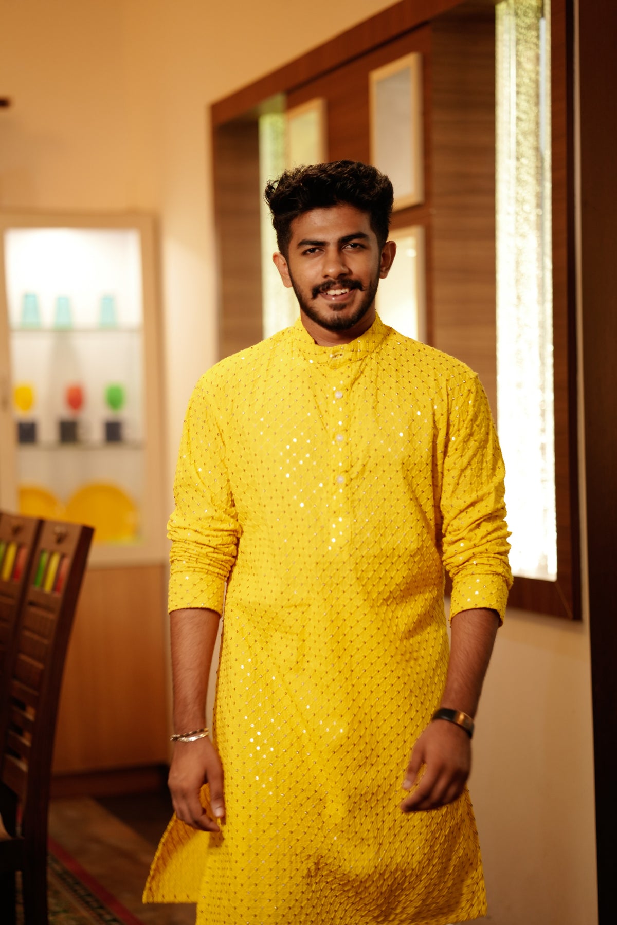 Canary Yellow Chikankari Kurta Set  with Golden Sequence Detailing (Kurta + Kasavu Munde)