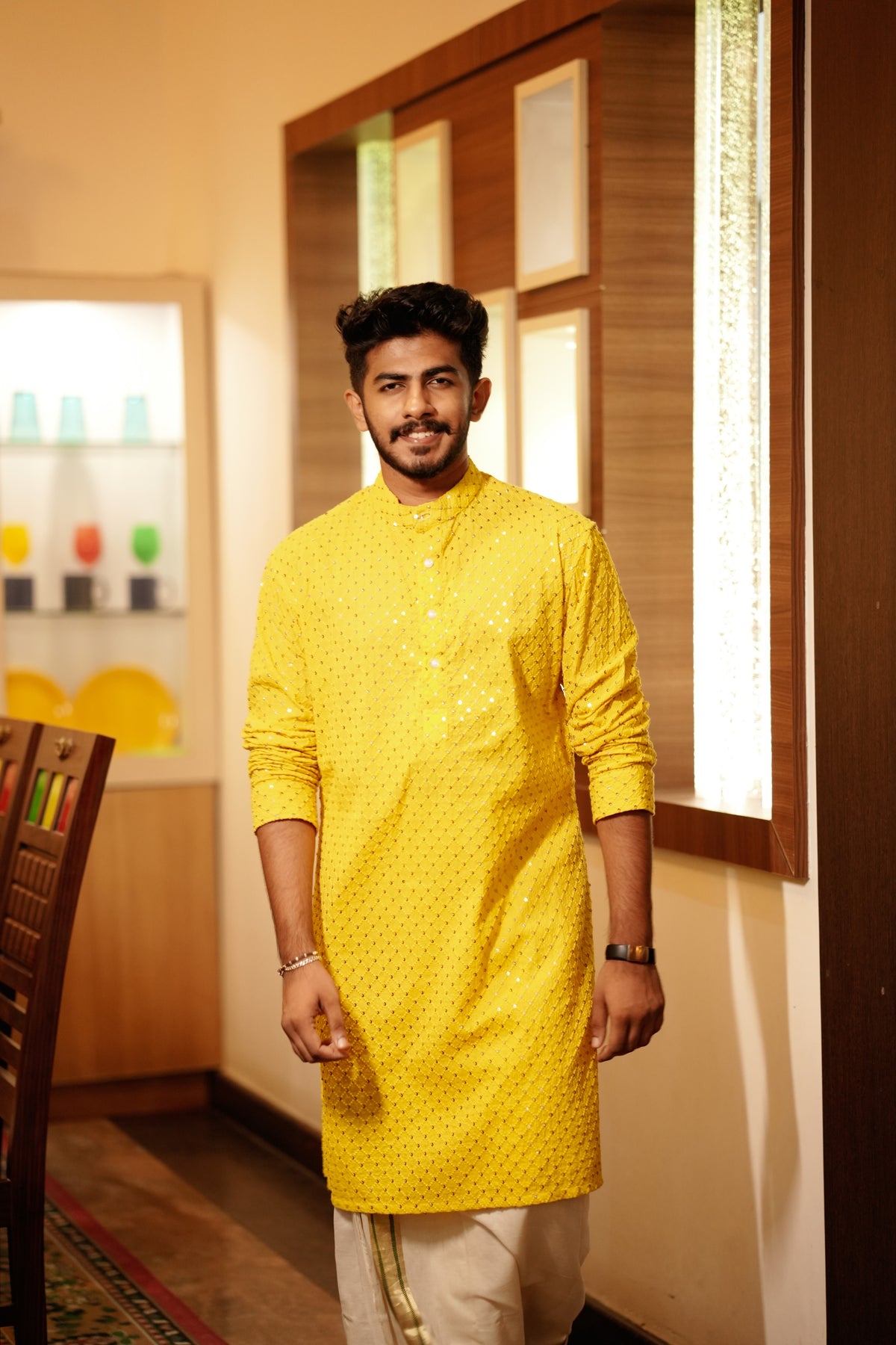 Canary Yellow Chikankari Kurta Set  with Golden Sequence Detailing (Kurta + Kasavu Munde)
