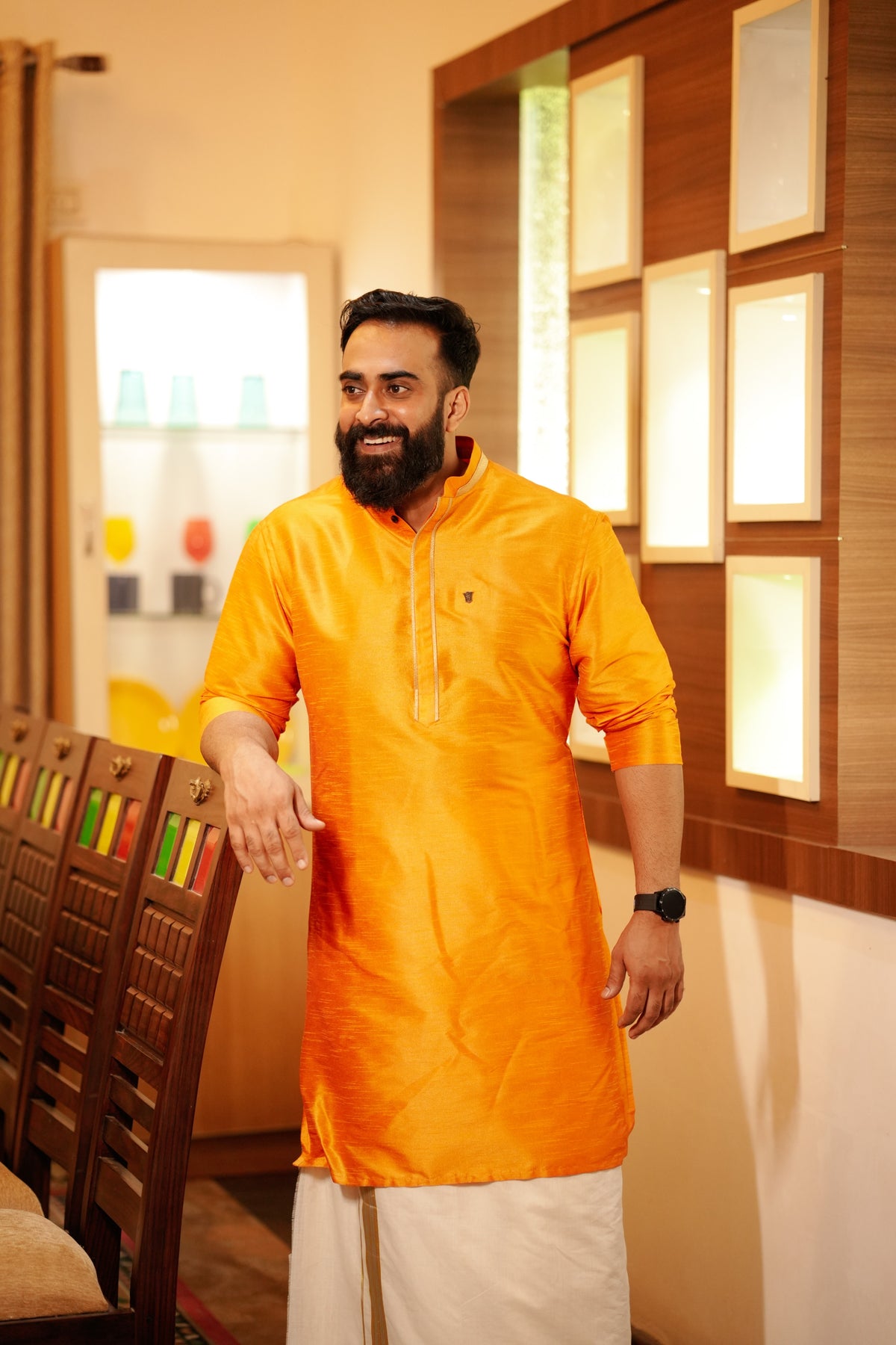 Tangerine Orange Kurta Set  With Golden Zari Detailing (Kurta + Kasavu Munde)