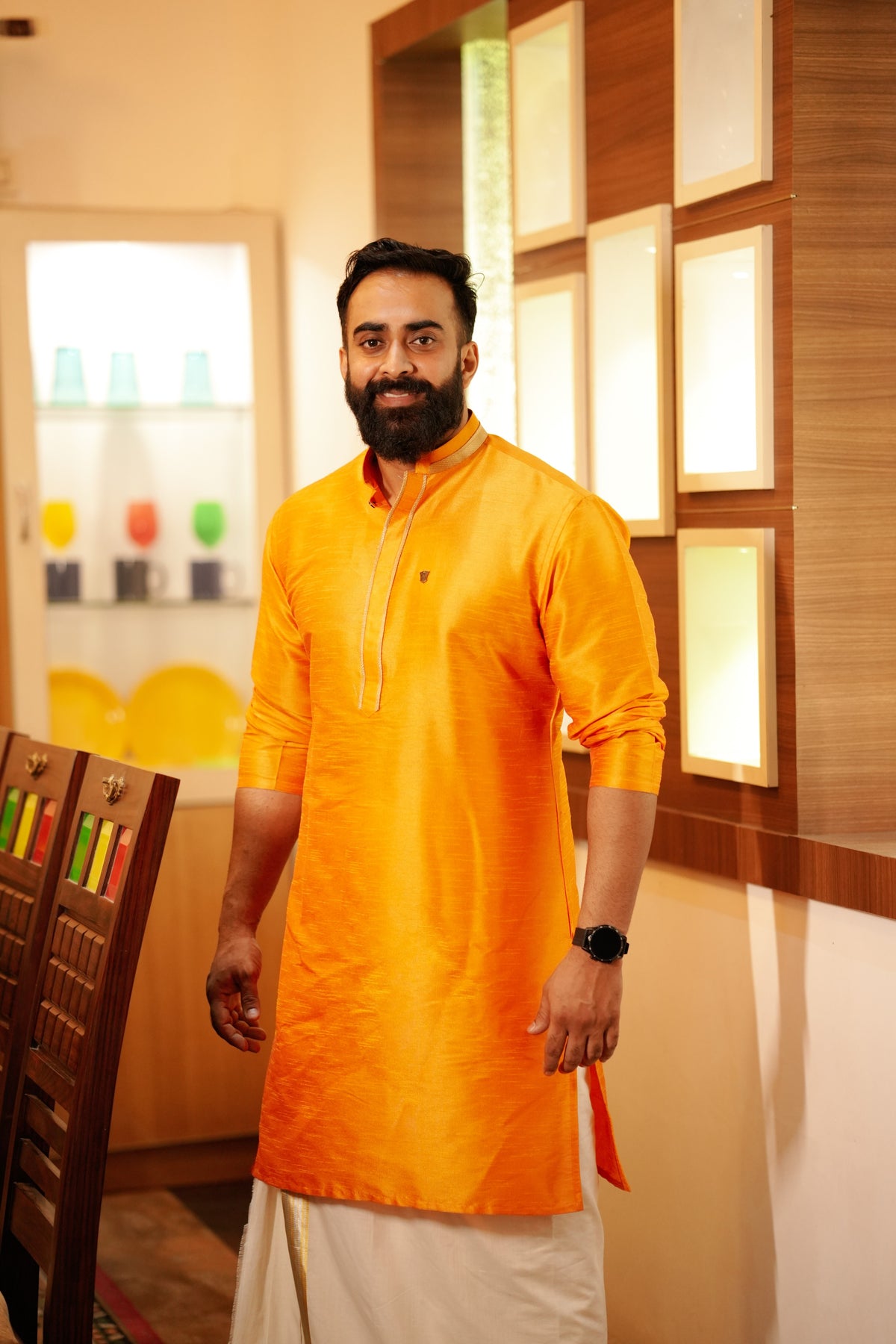 Tangerine Orange Kurta Set  With Golden Zari Detailing (Kurta + Kasavu Munde)