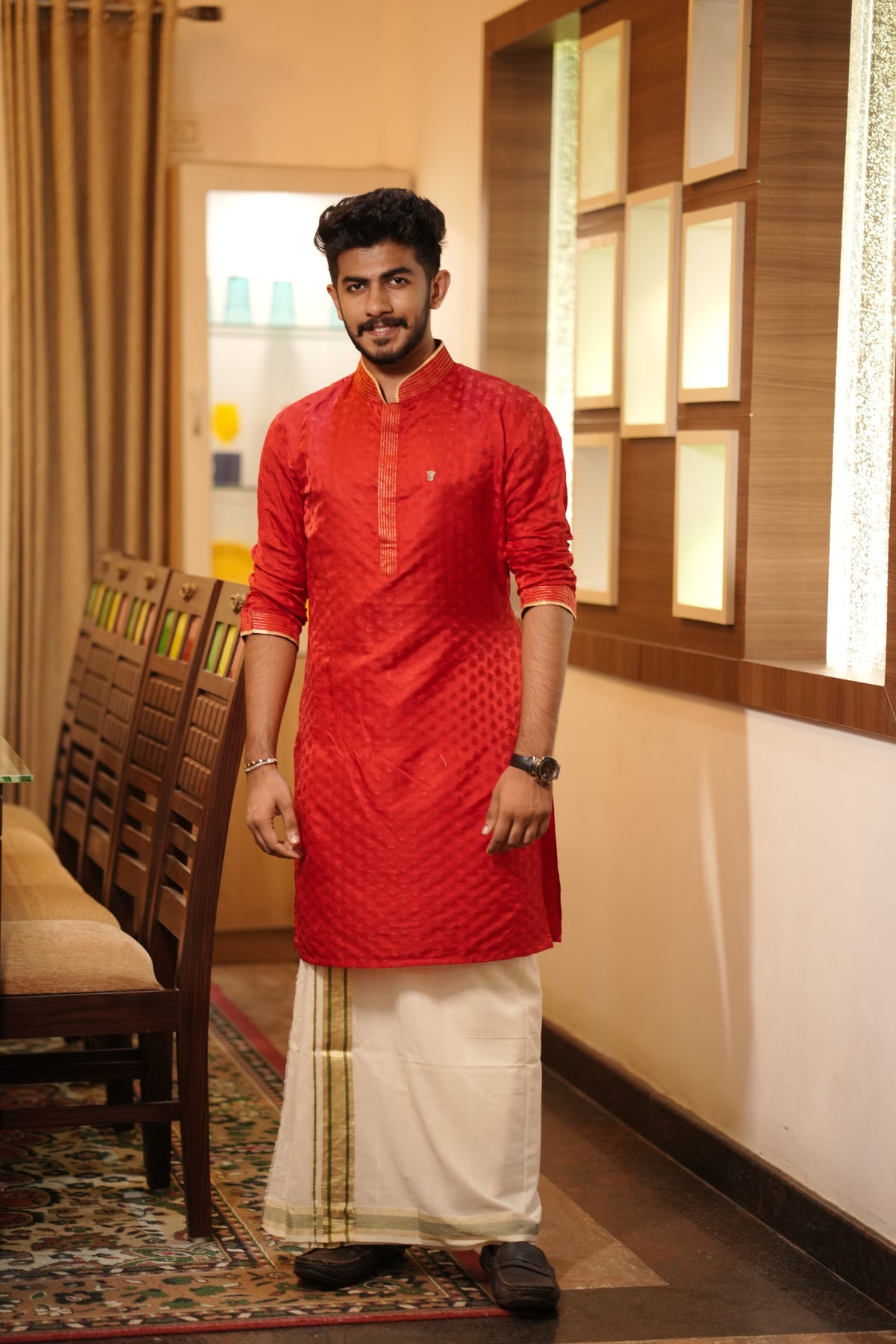 Apple Red Brocade  Kurta Set with Golden Zari Thread Detailing (Kurta + Kasavu Munde)