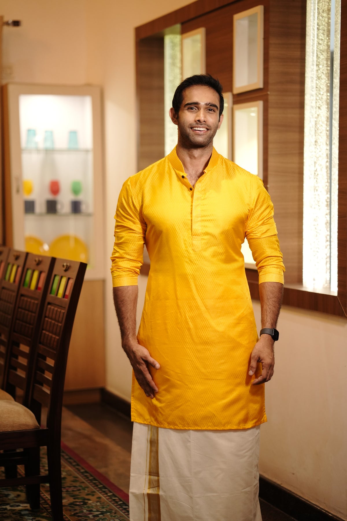 Marigold Yellow Silk Kurta Set With Golden Zari Stitch Detailing (Kurta + Kasavu Munde)