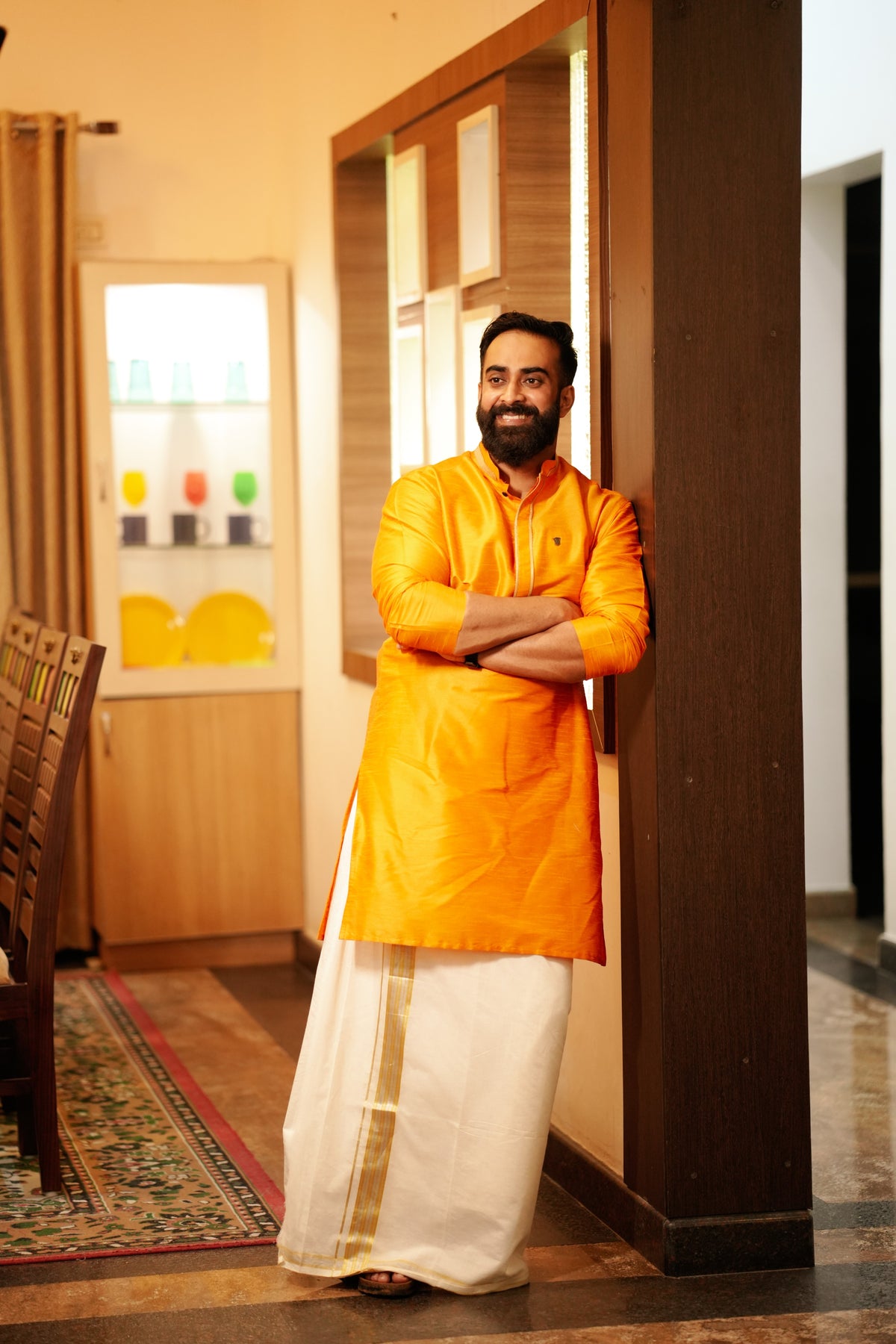 Tangerine Orange Kurta Set  With Golden Zari Detailing (Kurta + Kasavu Munde)