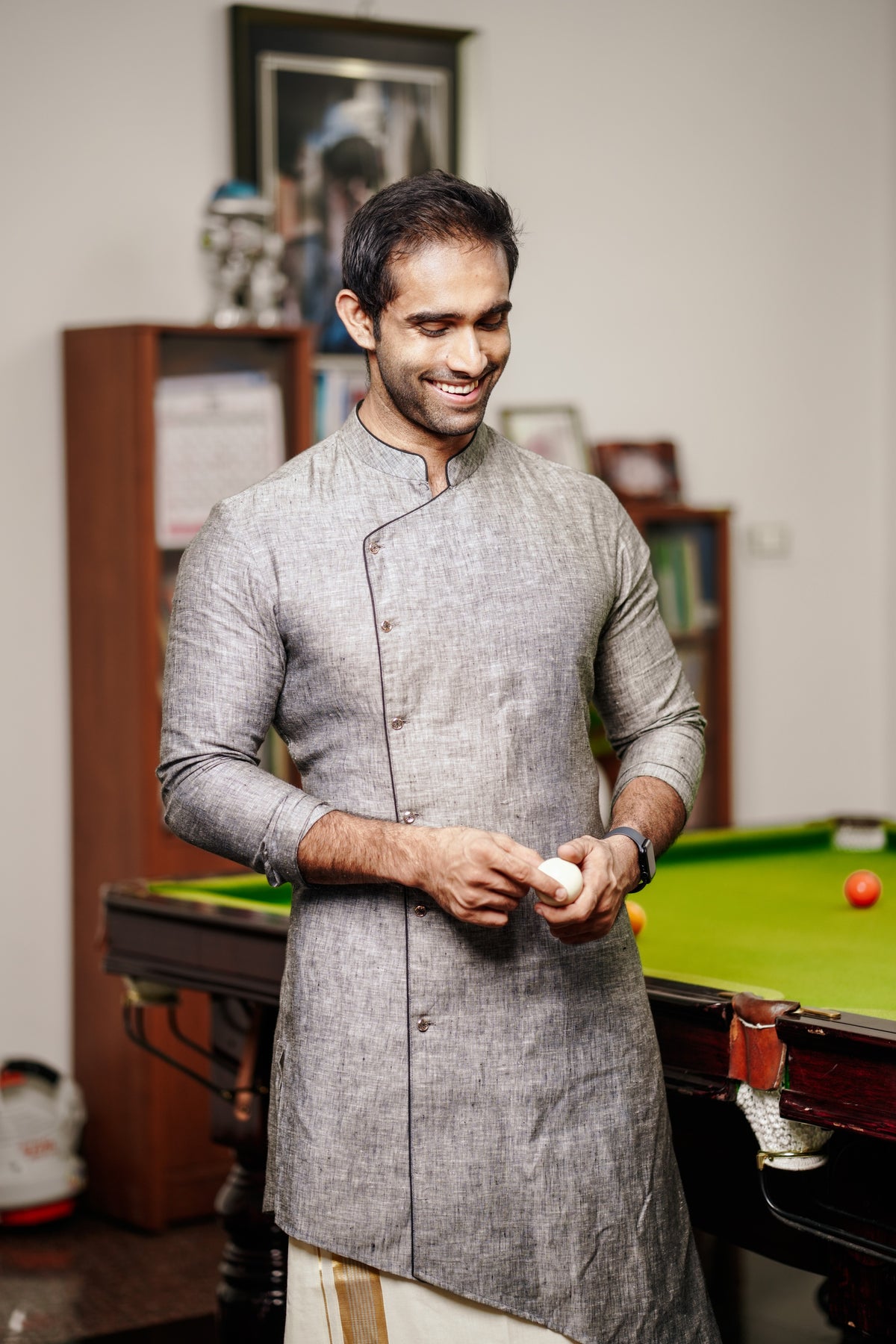 Steel Grey Irish Linen  Asymmetrical Side Open Kurta Set   (Kurta + Kasavu Munde)