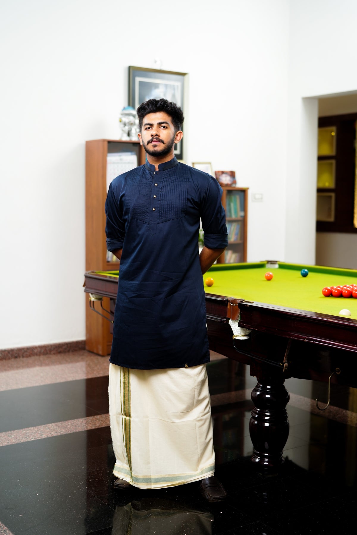 Midnight Blue Vertical Pleated Kurta Set  (Kurta + Kasavu Munde)