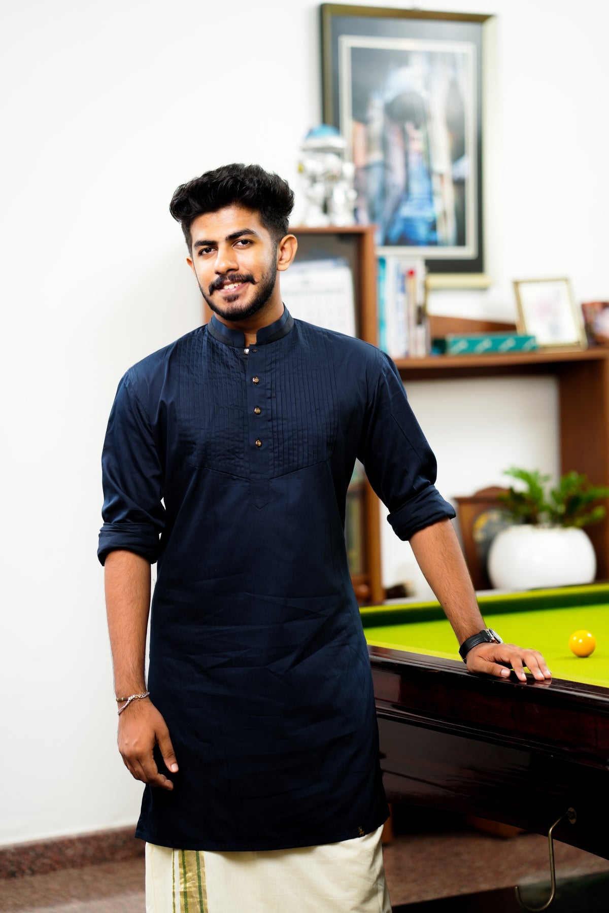 Midnight Blue Vertical Pleated Kurta Set  (Kurta + Kasavu Munde)