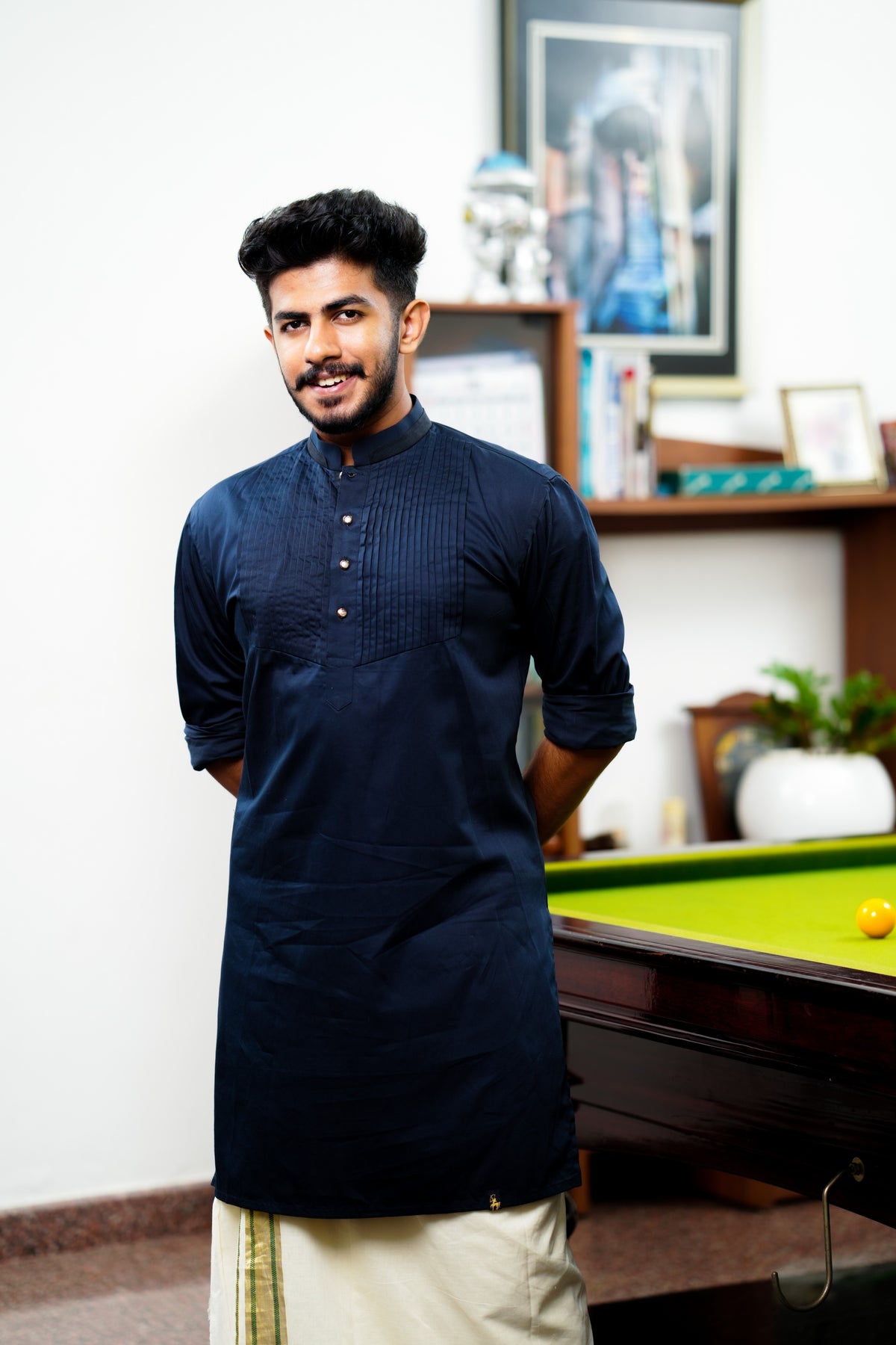 Midnight Blue Vertical Pleated Kurta  (Only Kurta)