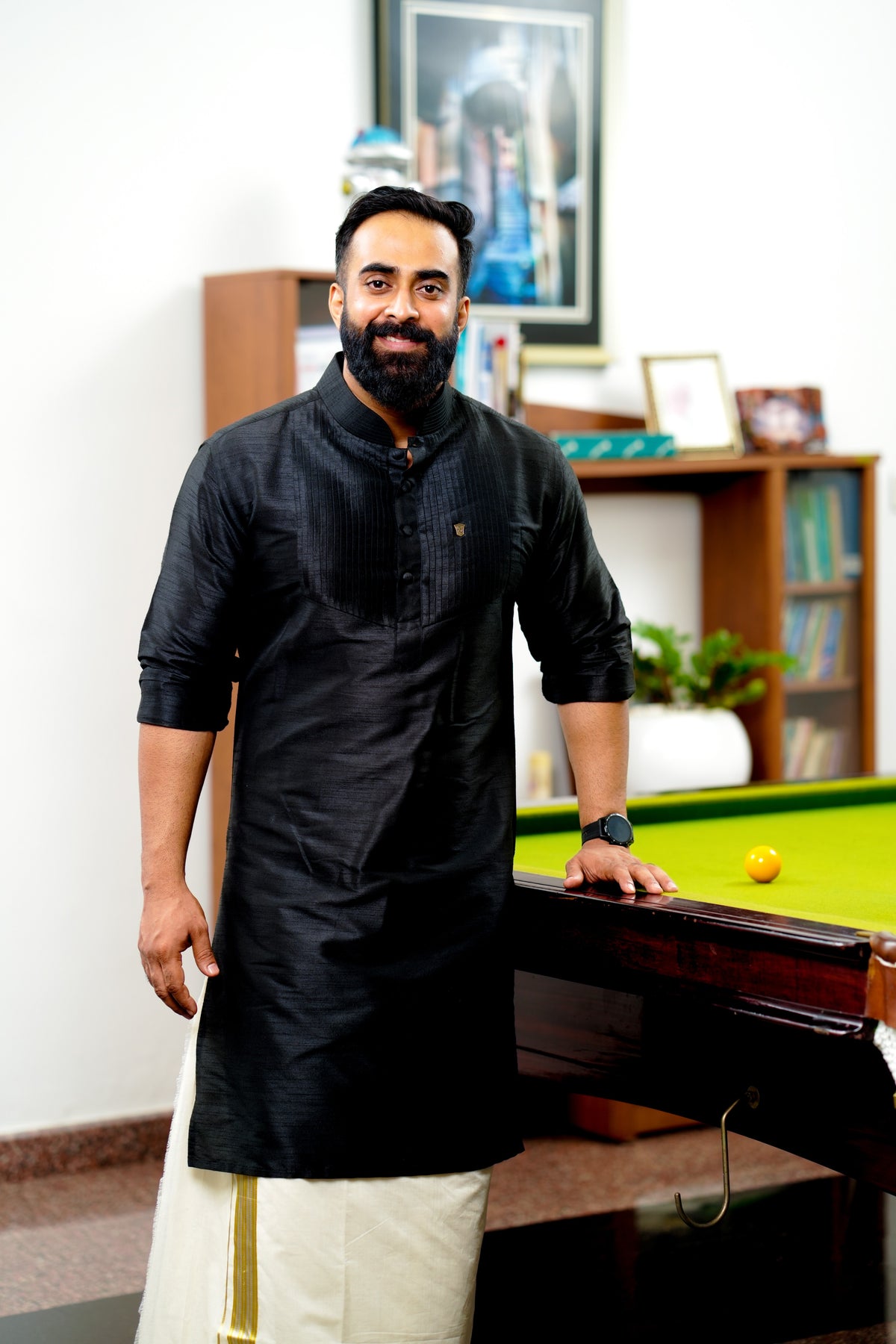 Onyx Black Vertical Pleated Kurta Set  (Kurta + Kasavu Munde)