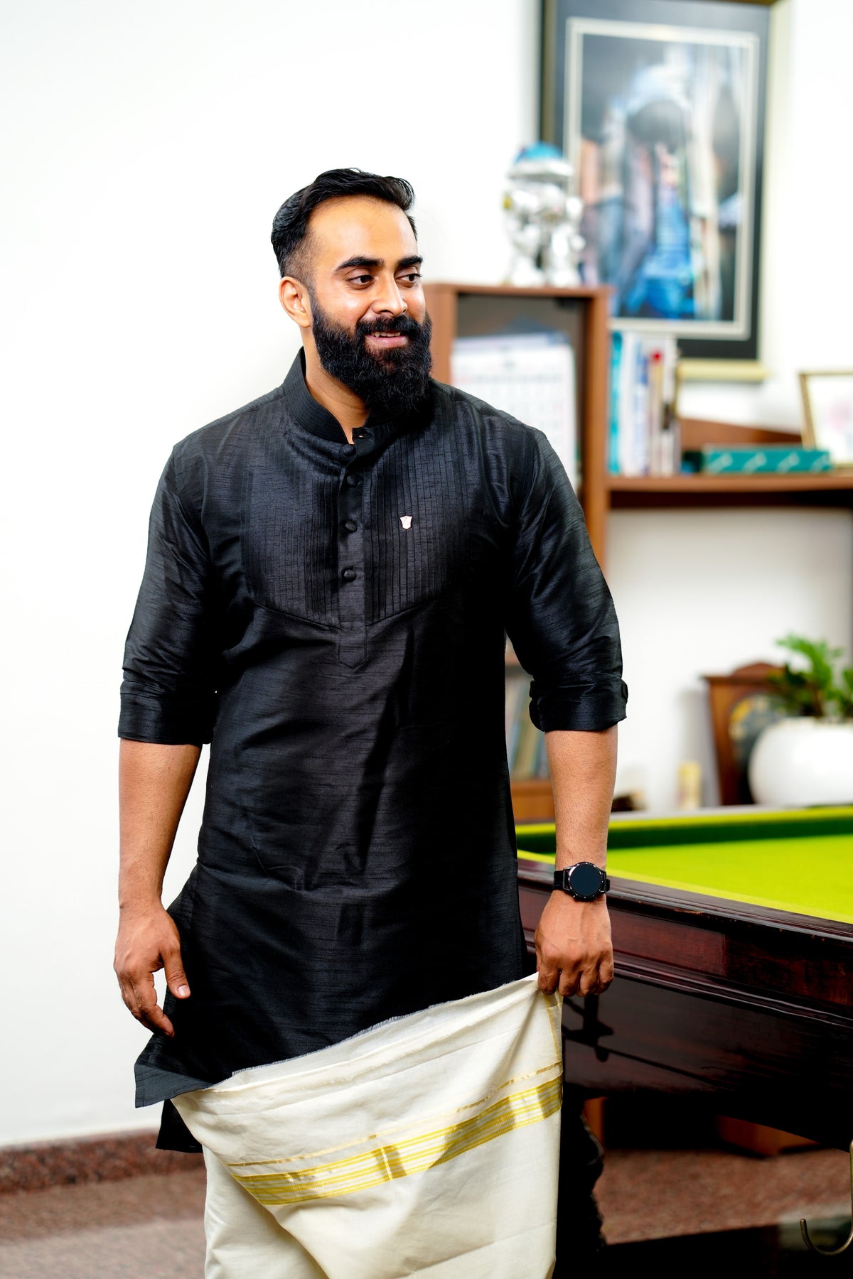 Onyx Black Vertical Pleated Kurta Set  (Kurta + Kasavu Munde)