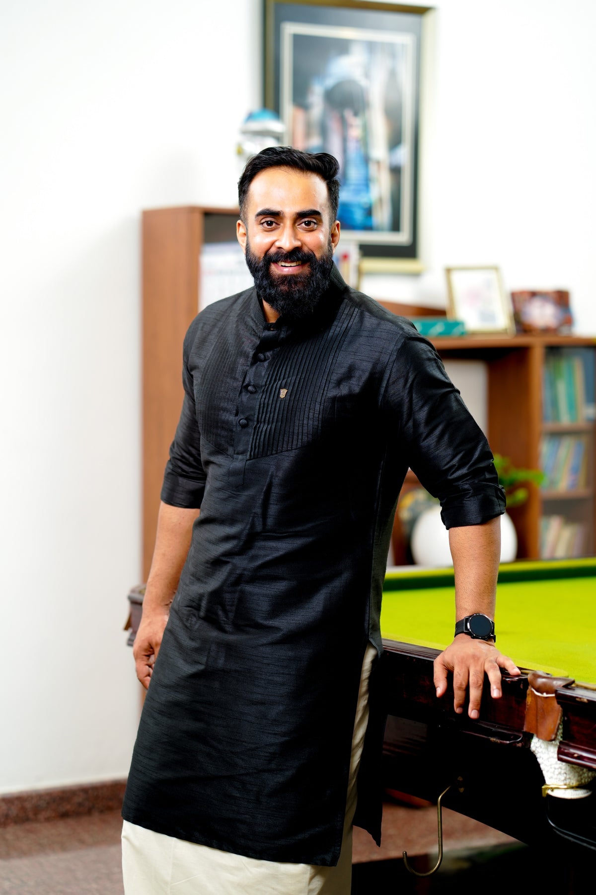 Onyx Black Vertical Pleated Kurta Set  (Kurta + Kasavu Munde)